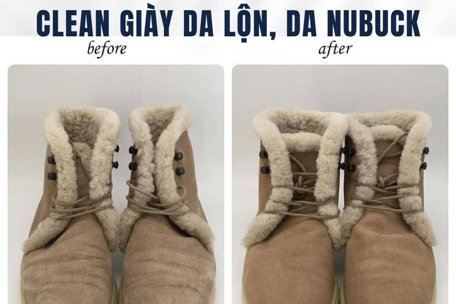 Clean giày da lộn, da nubuck lót lông cừu, ảnh trước và sau