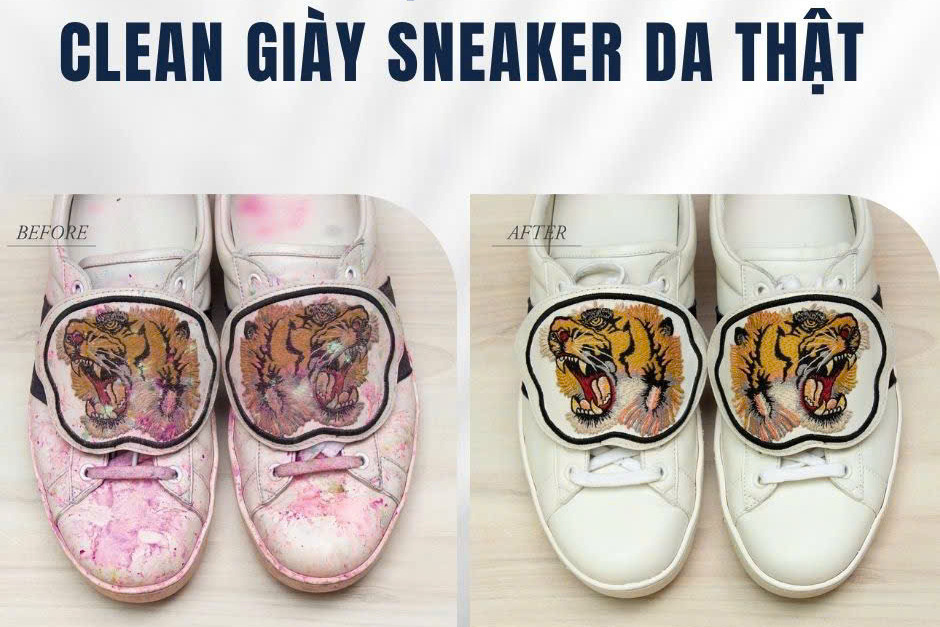 Clean giày sneaker da thật Gucci, ảnh trước và sau