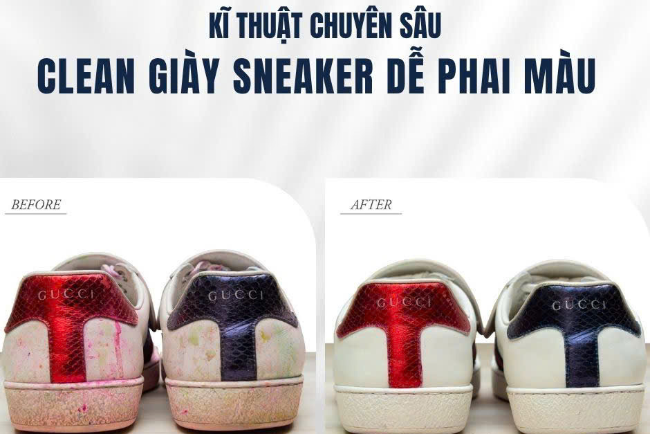 Clean giày sneaker dễ phai màu Gucci, ảnh trước và sau