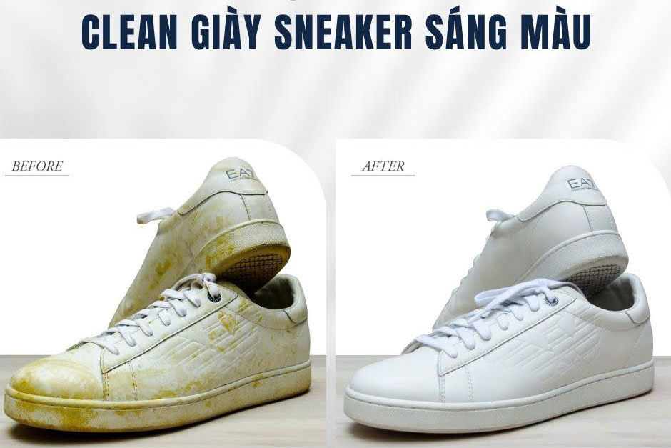 Clean giày sneaker sáng màu bị ố vàng, ảnh trước và sau