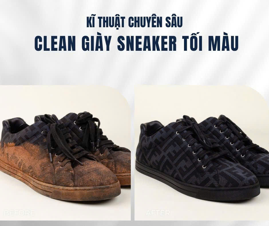 Clean giày sneaker tối màu, ảnh trước và sau