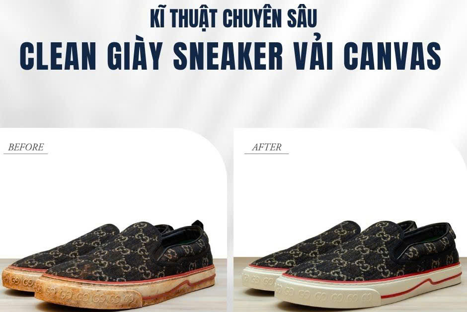 Clean giày sneaker vải canvas, ảnh trước và sau