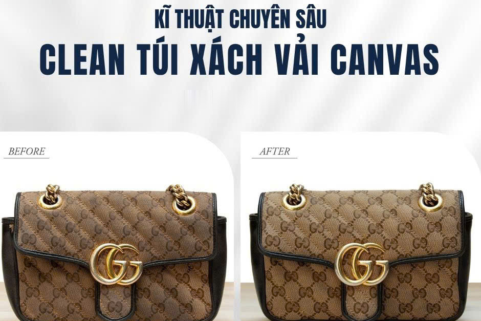 Clean túi xách vải canvas Gucci Marmont, ảnh trước và sau