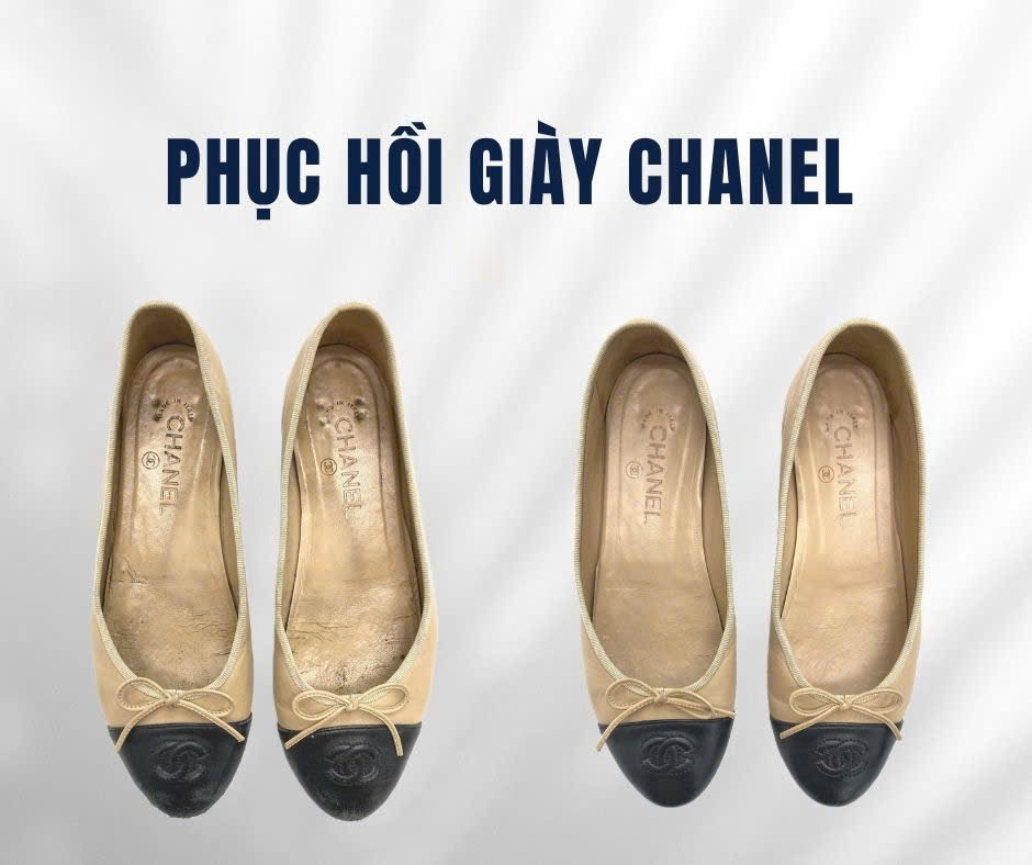 Phục hồi giày Chanel ballet màu be, ảnh trước và sau