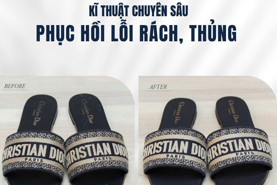 Phục hồi lỗi rách, thủng dép Dior, ảnh trước và sau