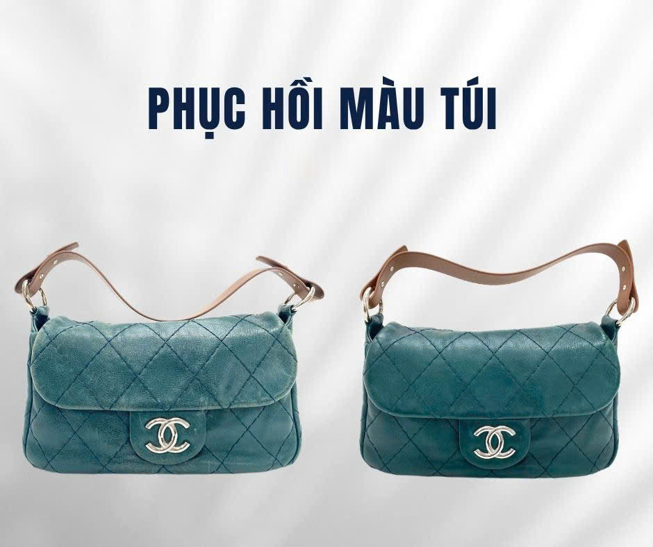 Phục hồi màu túi Chanel màu xanh, ảnh trước và sau