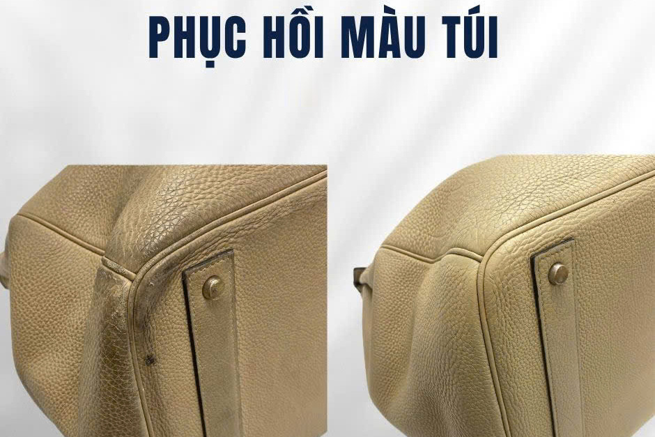 Phục hồi màu túi da sần màu be, ảnh trước và sau