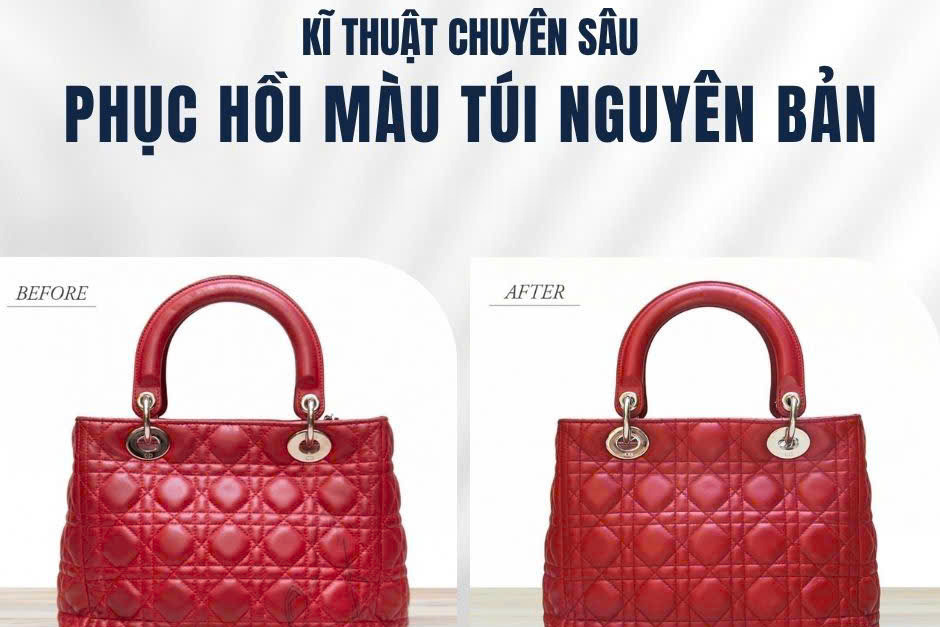 Phục hồi màu nguyên bản túi Dior Lady đỏ, ảnh trước và sau