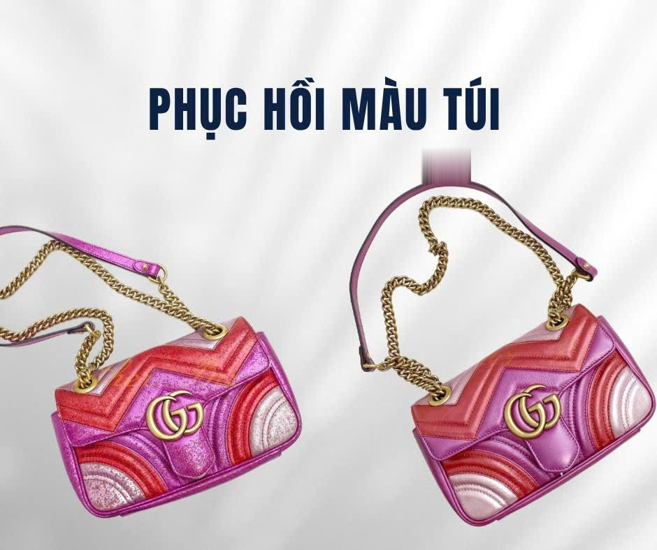 Phục hồi màu túi Gucci Marmont hồng, ảnh trước và sau