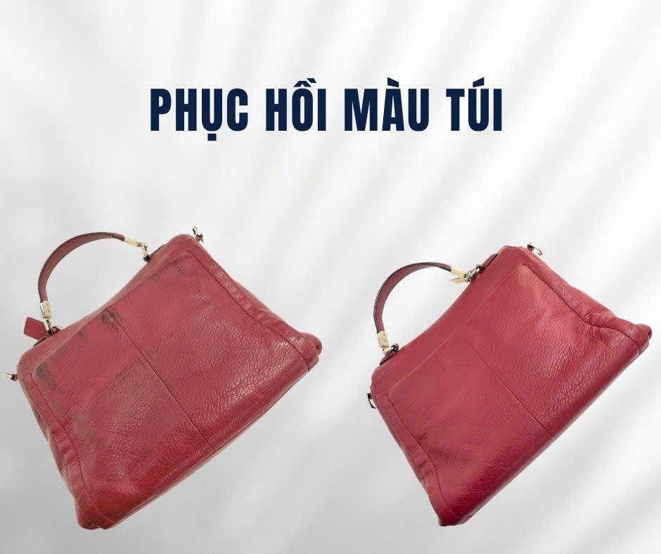 Phục hồi màu túi xách da đỏ, ảnh trước và sau