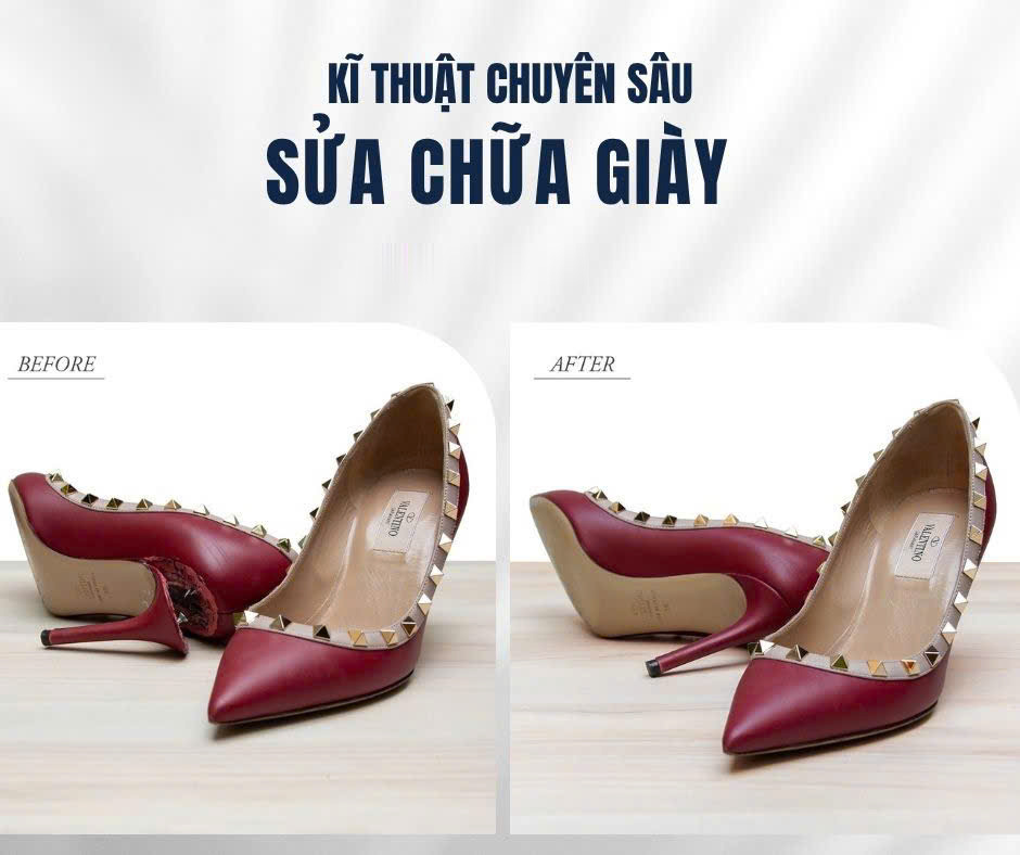 Sửa chữa giày cao gót da đỏ, ảnh trước và sau