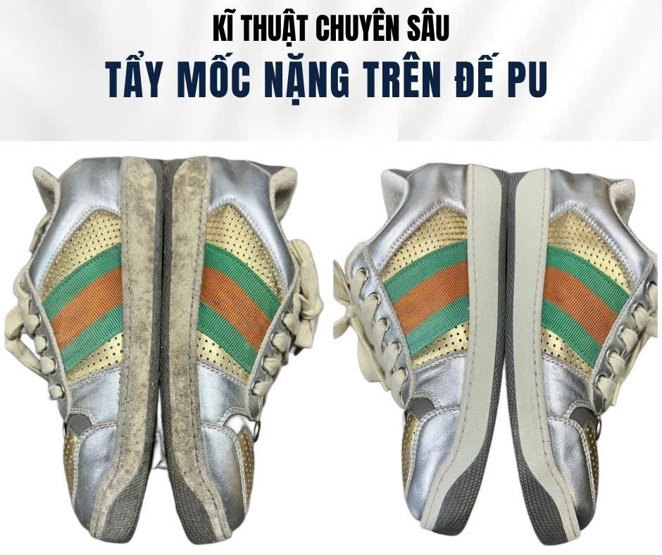 Tẩy mốc nặng đế PU giày Gucci, ảnh trước và sau