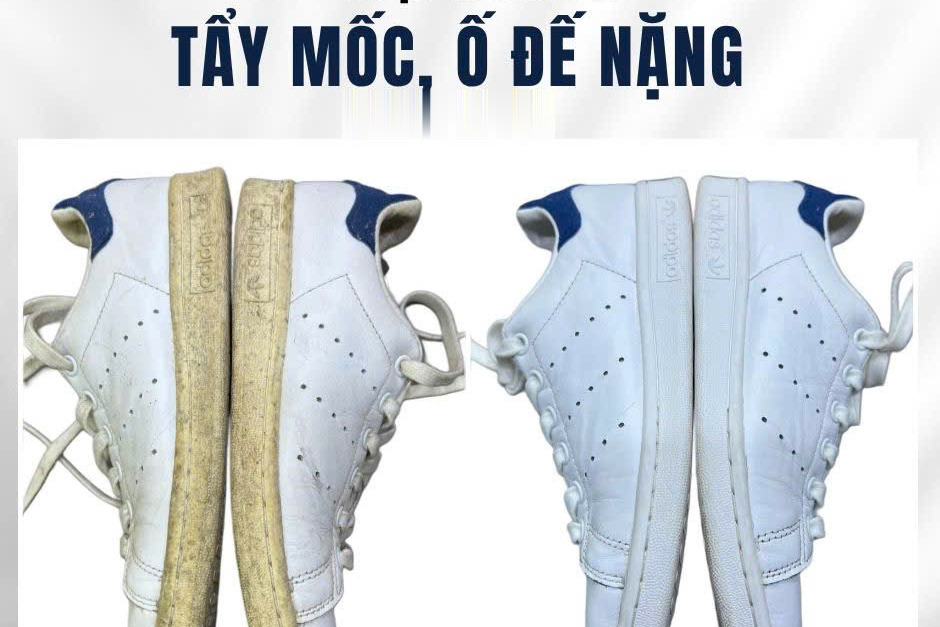 Giày sneaker trắng bị mốc và ố đế, ảnh trước và sau khi vệ sinh