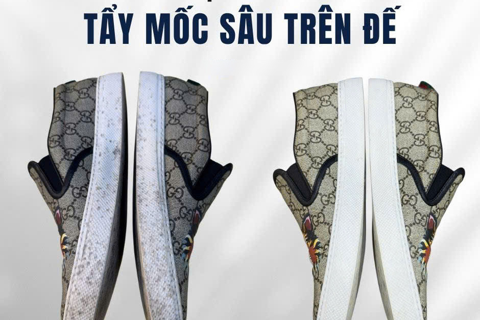 Tẩy mốc sâu trên đế giày Gucci, ảnh trước và sau