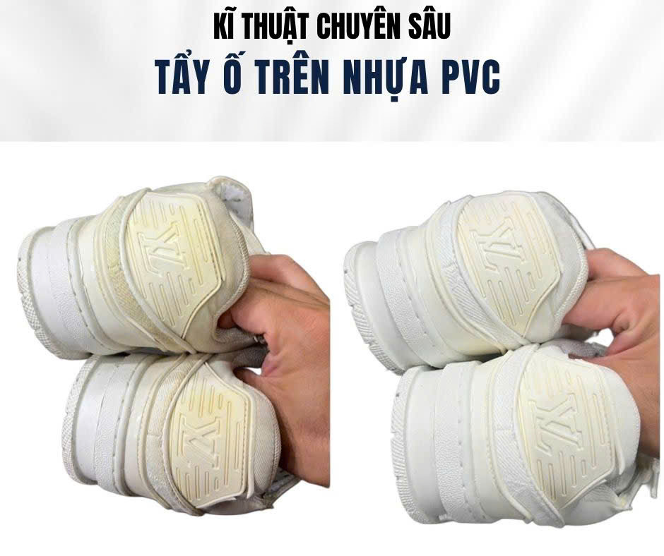Tẩy ố nhựa PVC trên giày Louis Vuitton, ảnh trước và sau