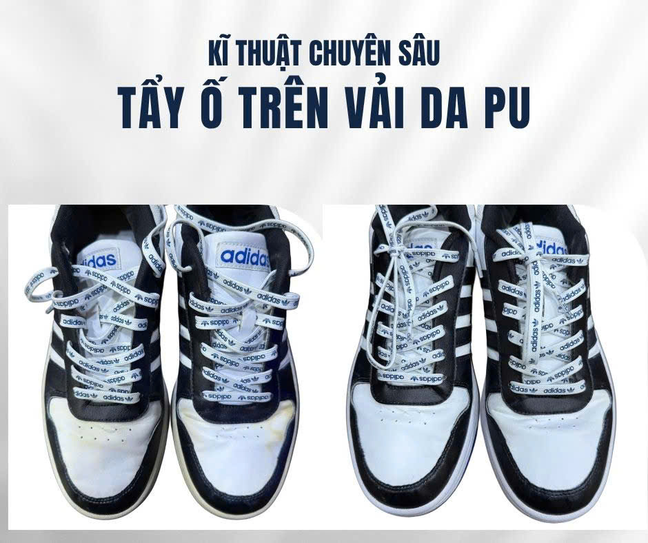 Tẩy ố trên vải và da PU giày sneaker, ảnh trước và sau