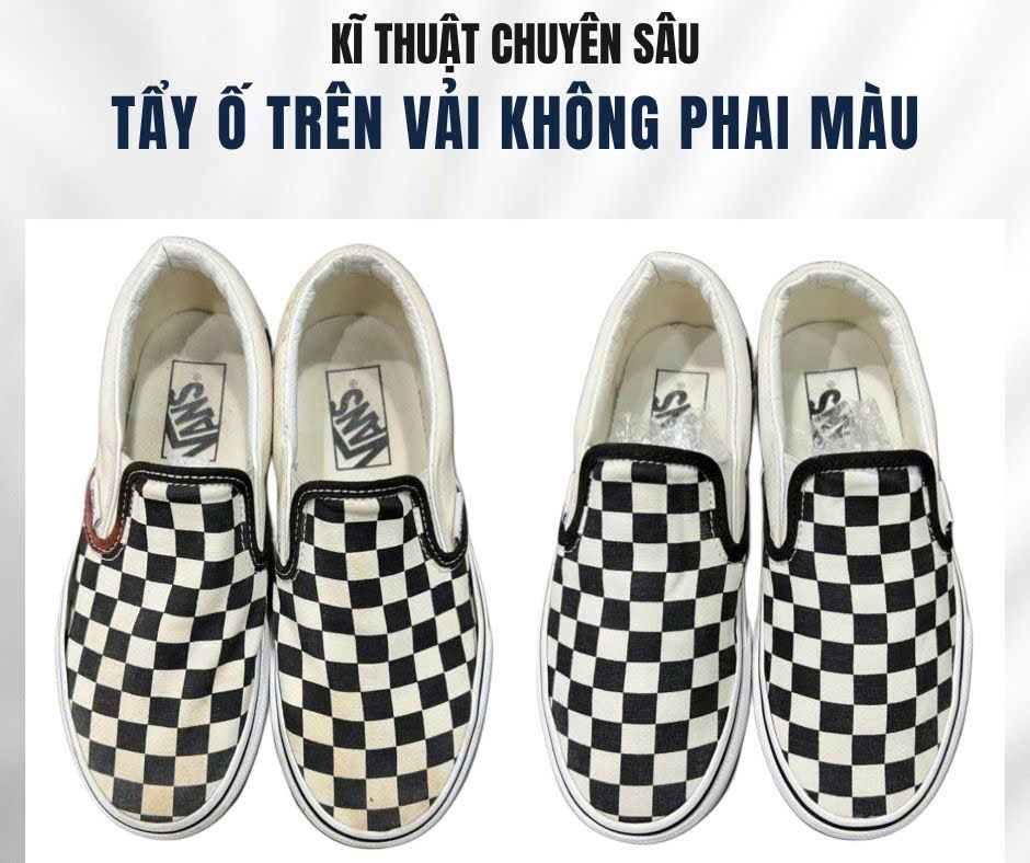 Tẩy ố trên vải giày Vans slip-on, ảnh trước và sau
