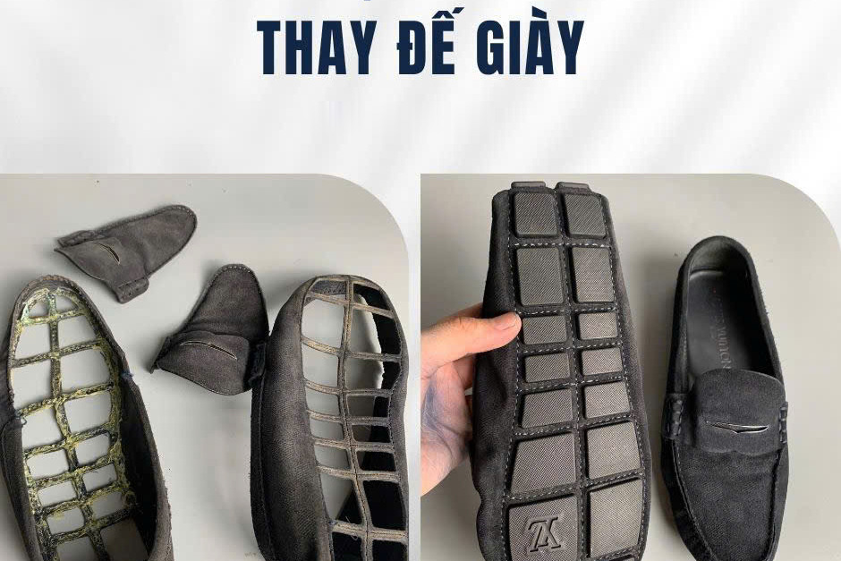Thay đế giày lười da nam, ảnh trước và sau