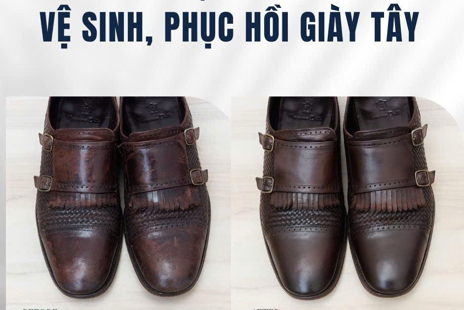 Vệ sinh và phục hồi giày tây da nâu, ảnh trước và sau