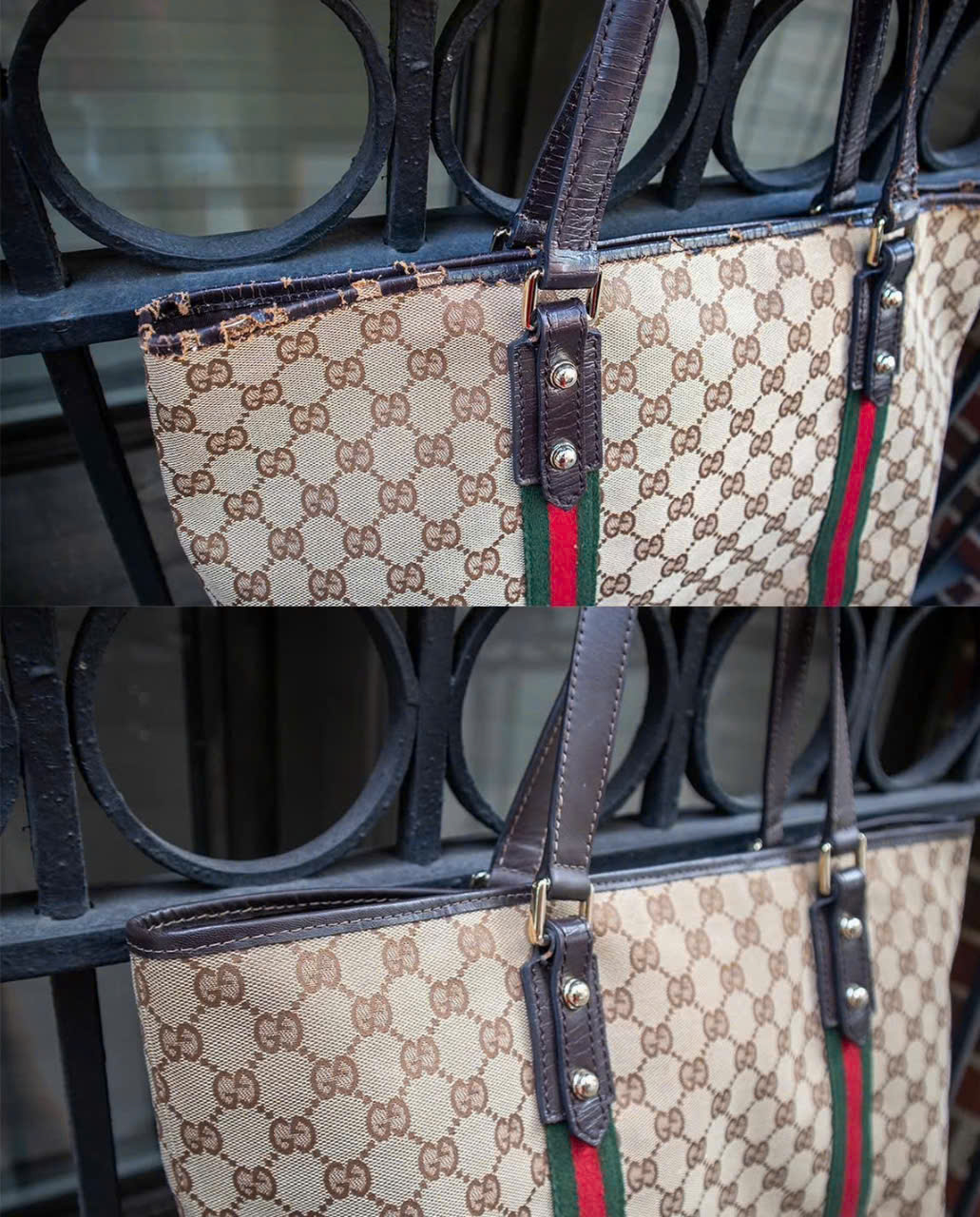 Vệ sinh túi Gucci sọc đỏ xanh, ảnh trước và sau