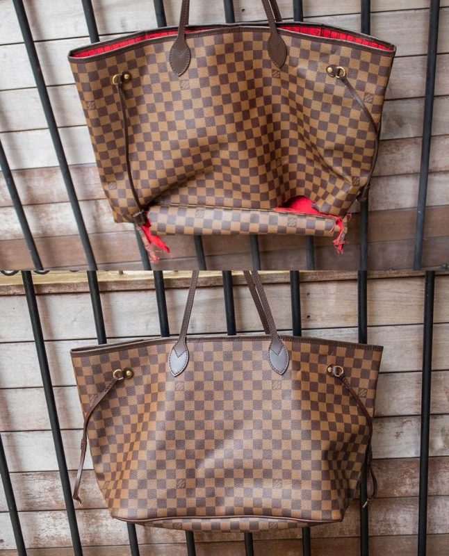 Vệ sinh túi Louis Vuitton Neverfull Damier Ebene, ảnh trước và sau