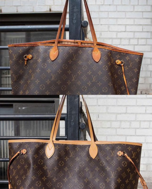 Vệ sinh túi Louis Vuitton Neverfull monogram, ảnh trước và sau