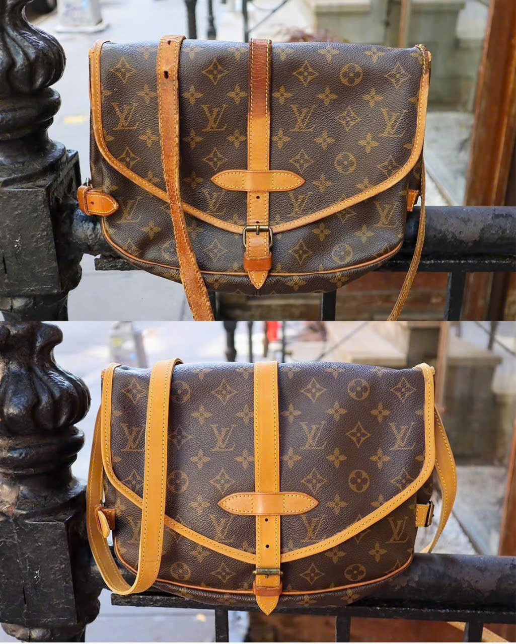 Vệ sinh túi Louis Vuitton Saumur nâu, ảnh trước và sau