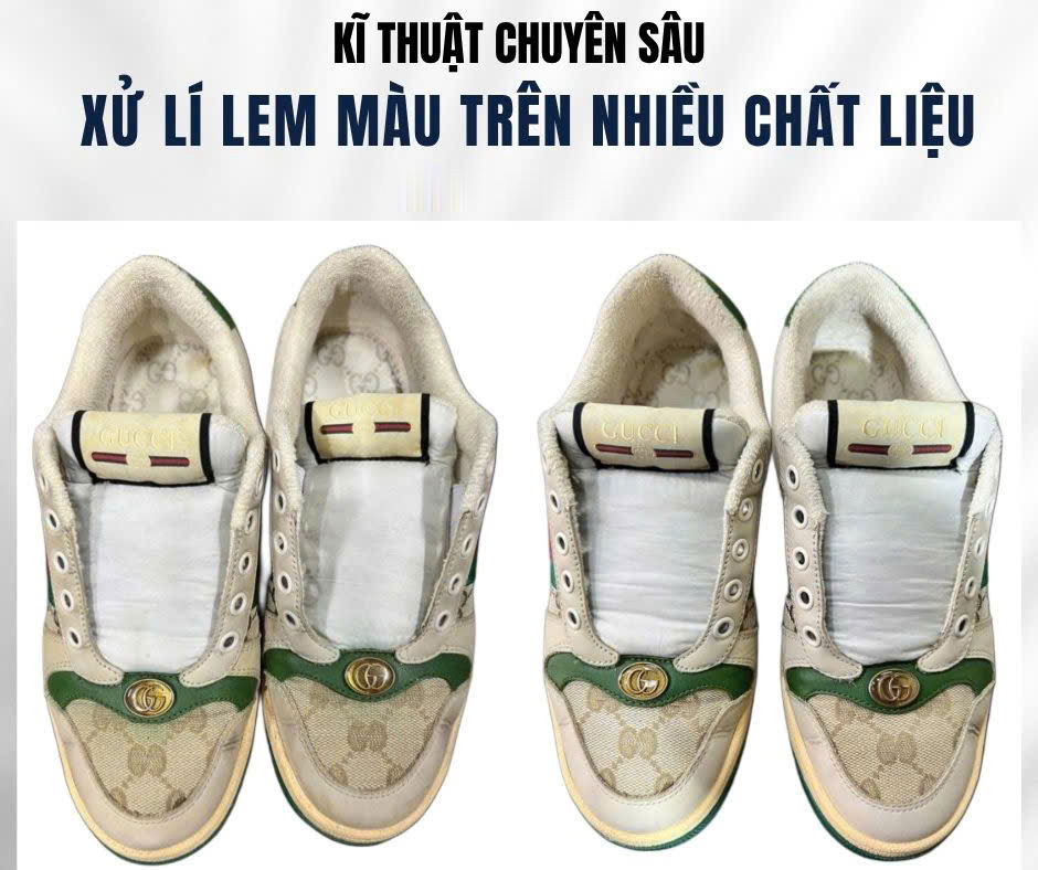 Xử lý lem màu trên giày sneaker Gucci, ảnh trước và sau