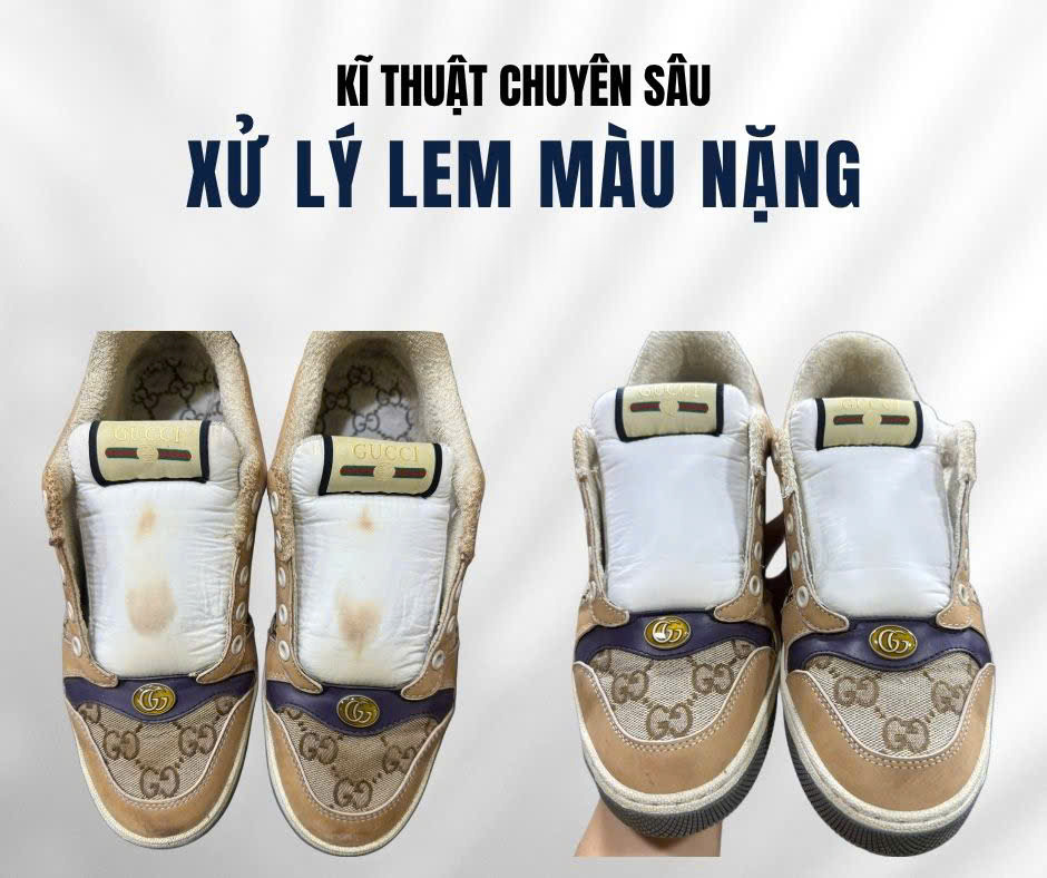 Xử lý lem màu nặng trên giày Gucci, ảnh trước và sau